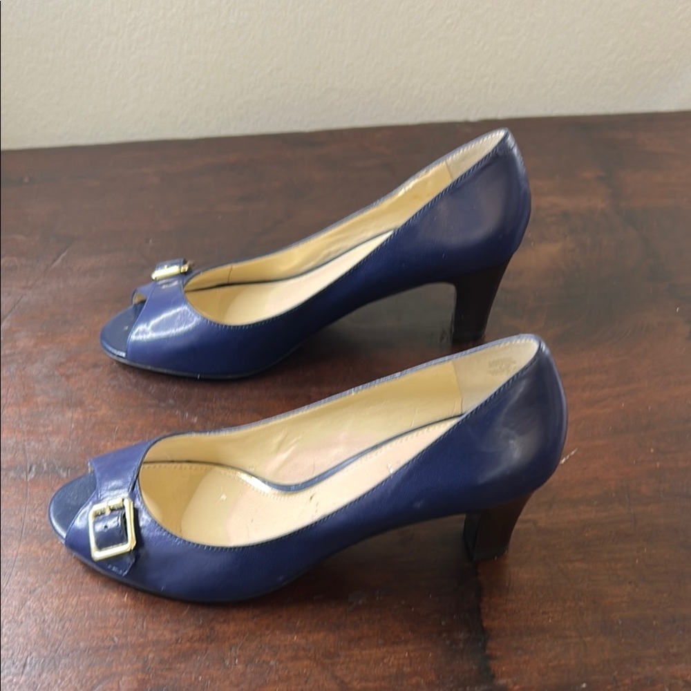 Ralph Lauren Blue Peep-Toe Heels with Buckle Sz8.5 - Picture 8 of 11